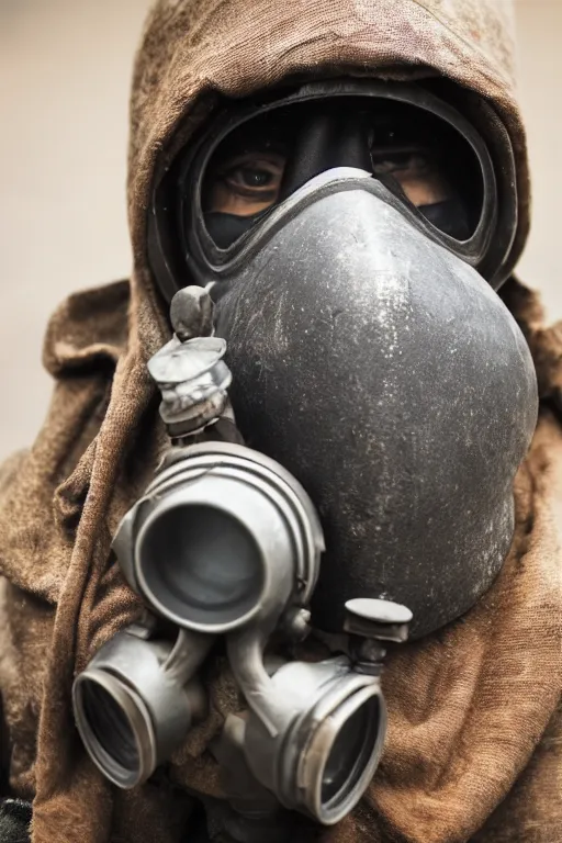 Image similar to an award winning portrait photo of a homeless person wearing a gas mask and hard helmet, 4 k, high quality, sharp focus