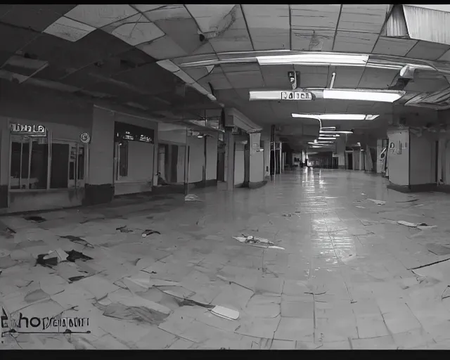 Image similar to camera footage of a Darpa Robot hunting people in an abandoned shopping mall, high exposure, dark, monochrome, camera, grainy, CCTV, security camera footage, timestamp, zoomed in, fish-eye lense, Robot, Drone, Intense, Darpa,