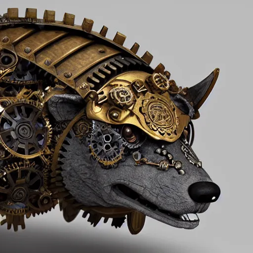 Prompt: A steampunk ornate wolf made of engraved full plate armor and gears, Macro shot by Justin Gerard, unreal engine, physically based rendering, portrait