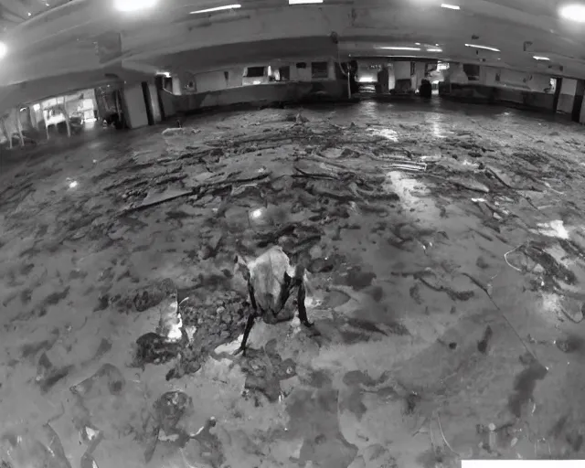 Prompt: camera footage of a Rabid Zerglings in an abandoned shopping mall, high exposure, dark, monochrome, camera, Unreal engine 5, grainy, CCTV, security camera footage, timestamp, zoomed in, fish-eye lens, Evil, Zerg, Brood, spider, horrifying, lunging at camera :4