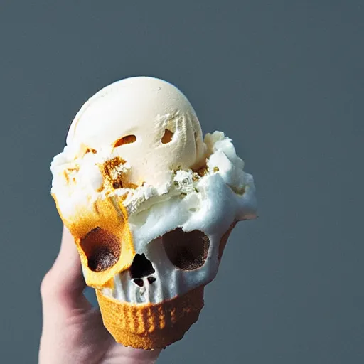 Prompt: skull melting in ice cream cone, photoreal, octane, 5 0 mm lens