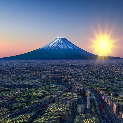 Prompt: mt fuji with the sun in the background, photorealistic, ultra - detailed, 4 k high resolution, hdr shot, vray rendering