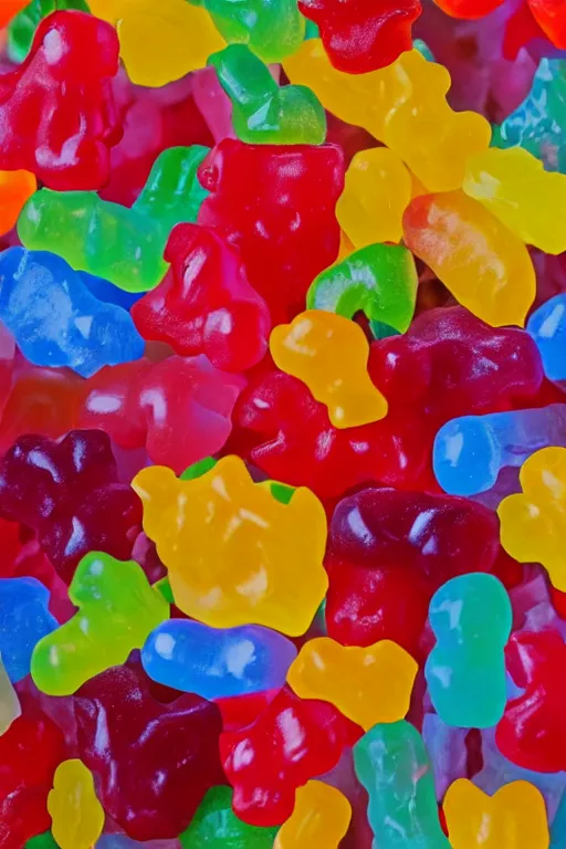 Prompt: super close up of still life of a bouquet of soft gummy bears and jelly beans in the shape of different flowers, delicious rubbery translucent squishy sweets, soft light, highly detailed, close up, northern renaissance