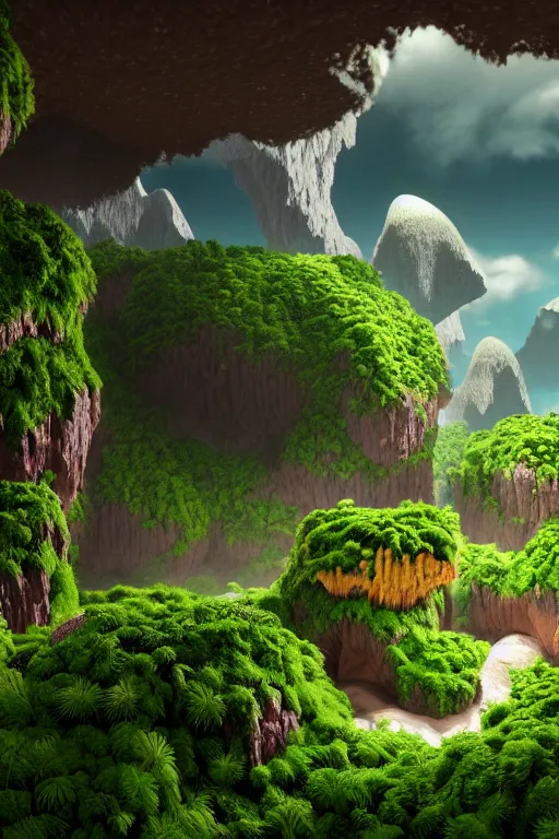 Prompt: an ultra - realistic massive volume cave : 5, ; bright coloured natural flowers and ferns : 1 ; miniature tiny futuristic city : 3 ; endless plain with mysterious clouds : 2, highly symmetrical, a pterodactyl flying, octane render hd, 4 k, ultra - realistic, in unreal engine, trending on artstation, concept art
