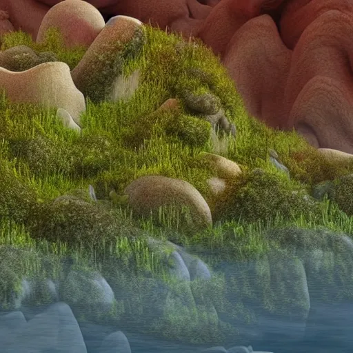 Image similar to digital art of a lush natural scene on an alien planet by lurid ( 2 0 2 2 ). beautiful landscape. weird vegetation. cliffs and water. grainy and rough. interesting colour scheme. soft warm colours. painting from high quality 3 d render. absurd.