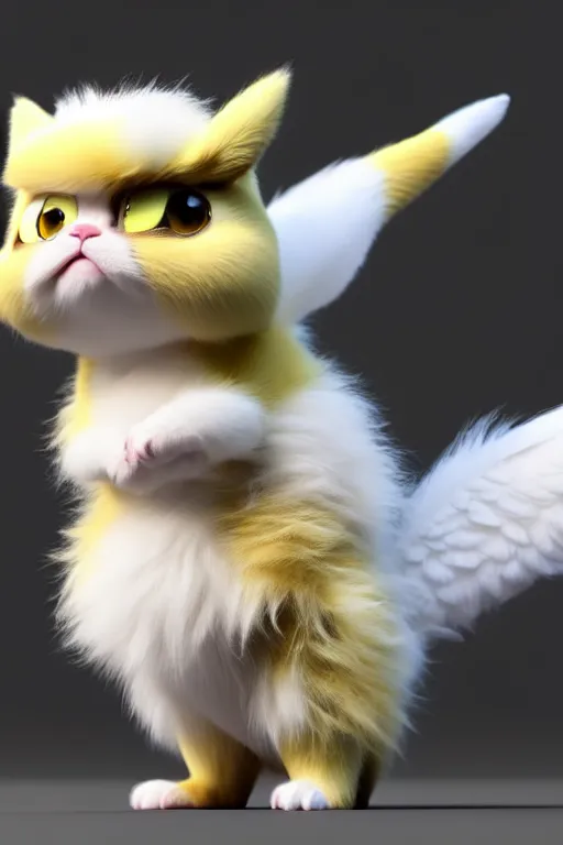 Image similar to high quality 3 d render hyperrealist very cute multipastel fluffy! grumpy griffin cat hybrid with fluffy wings!, vray smooth, in the style of detective pikachu, hannah yata charlie immer, dramatic yellow light, low angle, uhd 8 k, sharp focus