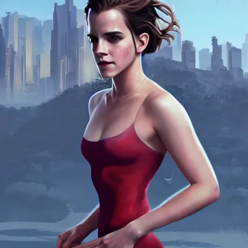 Image similar to highly detailed painting of emma watson wearing a skintight dress, gta 5 cover art, stephen bliss, 8 k, by greg rutkowski, artgerm, loish, rhads, global illumination, radiant light, detailed and intricate environment