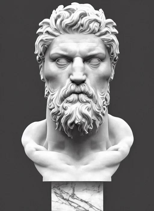 Image similar to stylized carrara marble ornate statue bust made of marble of hercules, perfect symmetrical body, perfect symmetrical face, hyper realistic, hyper detailed, by johannen voss, by michelangelo, octane render, blender, 8 k, displayed in pure white studio room
