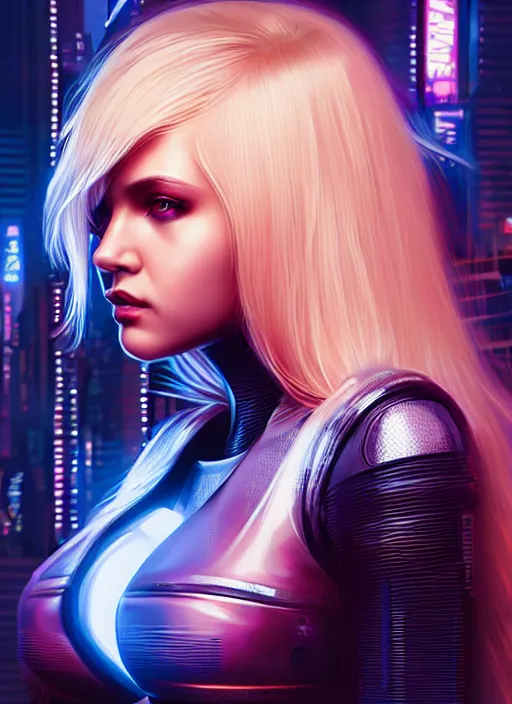 Prompt: photo of a cute blonde female in cyberpunk city, realistic, sharp focus, 8 k high definition, insanely detailed, intricate, elegant, artgerm, by greg kutkowski and vargas, high contrast dramatic lighting