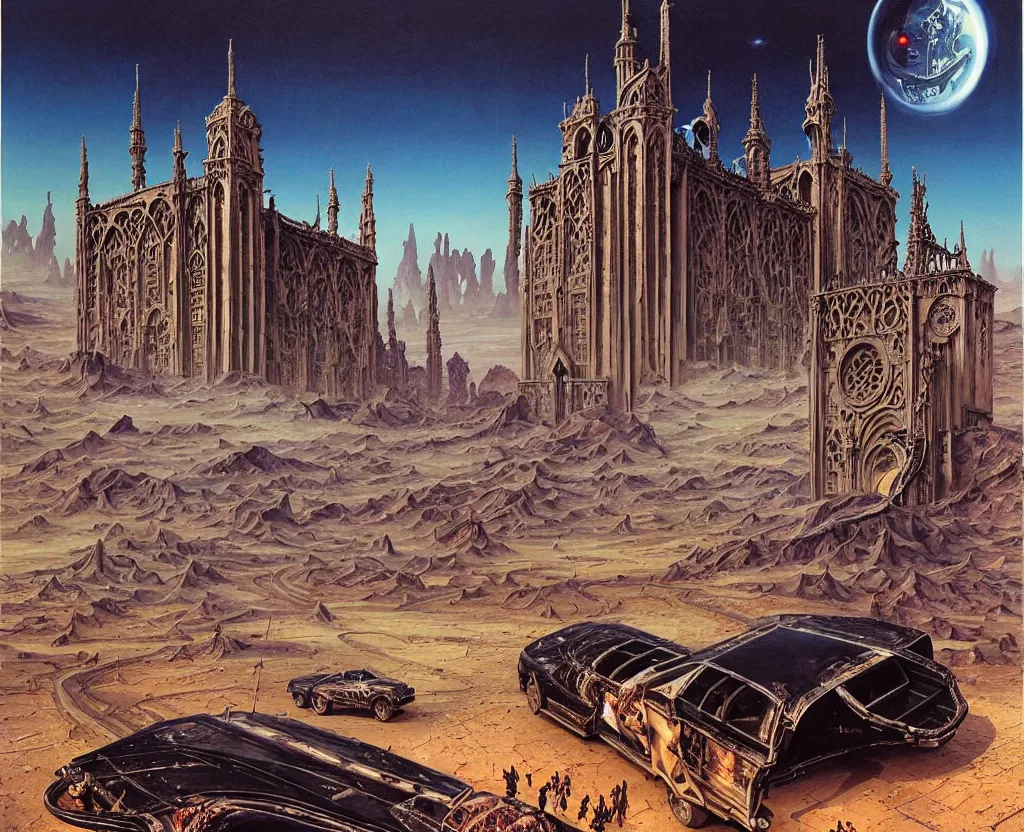 Image similar to fish eye view of detailed portrait, intricate complexity, huge gothic crematorium on desert planet, elevator, side ramp entrance vehicle, dead bodies, guards intricate, painting by lucian freud and mark brooks, bruce pennington, dark colors, neon, death, guards, nice style smoke