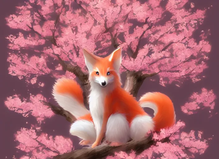 Image similar to cute little kitsune in a cherry blossom tree. trending on artstation.