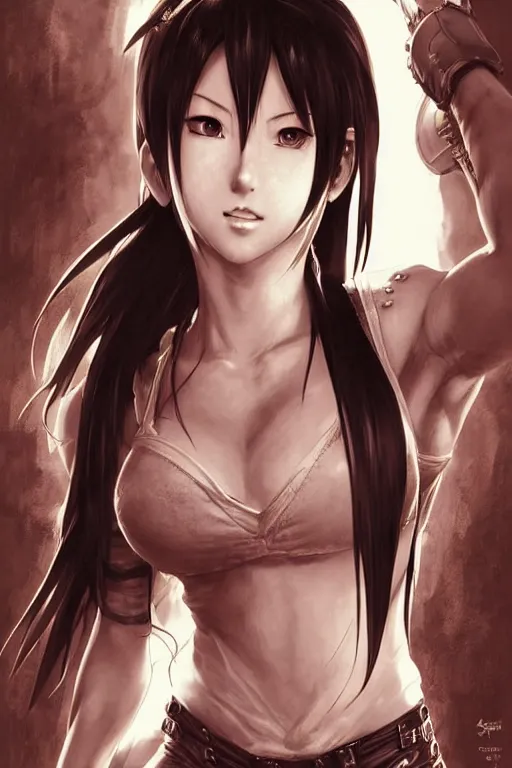 Image similar to highly detailed manga line art portrait of tifa from Final Fantasy, very detailed, realistic, by Stanley Artgerm Lau, greg rutkowski, thomas kindkade, alphonse mucha, loish, norman rockwell J.