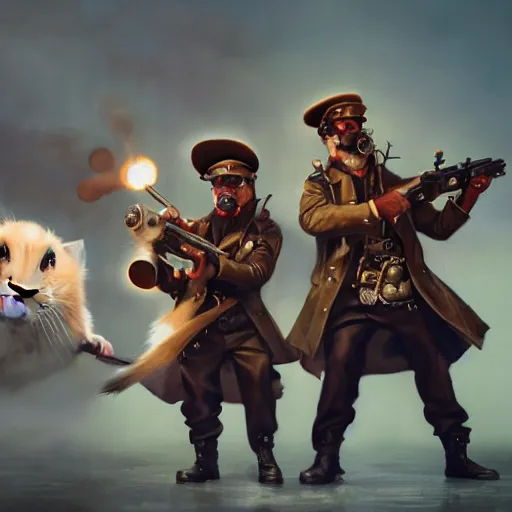 Prompt: oil painting of two hamsters holding guns, berets, medium shot, steampunk clothes, steampunk city background, sharp focus, fantasy style, octane render, volumetric lighting, 8k high definition, by greg rutkowski, highly detailed, trending on art Station, explosions, magic the gathering artwork, centered