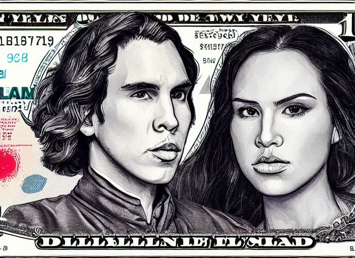 Image similar to reylo kissing, dollar bill