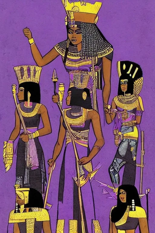 Image similar to A black Warrior Queen in purple surrounded by black panthers with Egyptian pyramids in the background