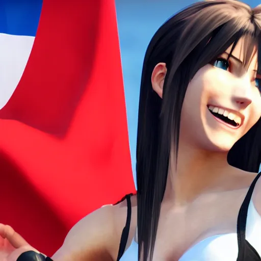 Image similar to Tifa Lockhart from Final Fantasy VII Remake (2020) laughing with the Italian flag in the background