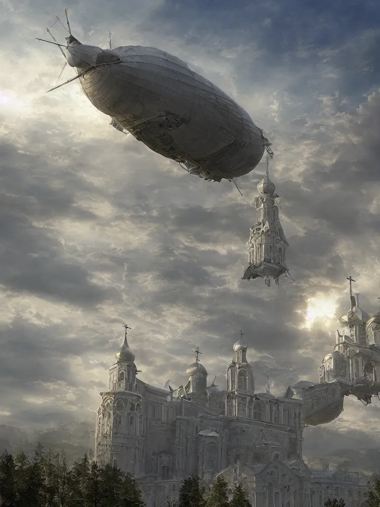 Image similar to a large dieselpunk airship is standing in the air over a splendid white church in russia, full morning sun, matte painting by craig mullins