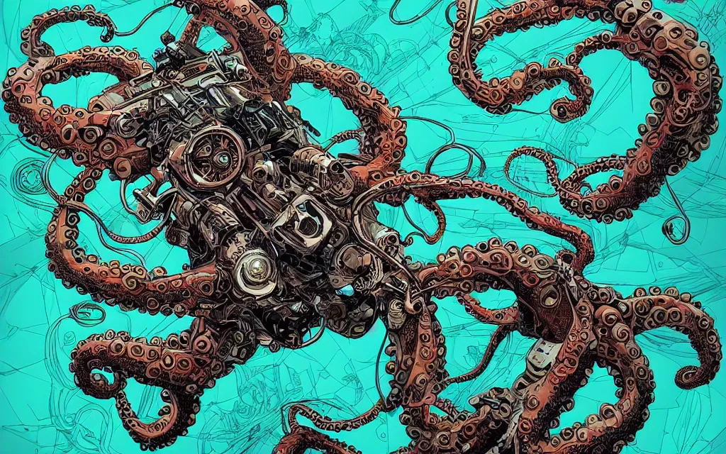 Image similar to biomechanical flying octopus, in the style of james jean and laurie greasley, dynamic composition, dramatic lighting, ultra detailed, nitro colors