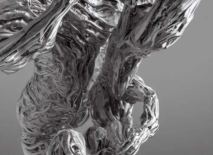 Image similar to stylized shiny polished silver statue full body extra limbs bizarre cosmic horror demonic demon made of marble of slug creature tendrils, perfect symmetrical body, perfect symmetrical face, hyper realistic, hyper detailed, by johannen voss, by michelangelo, octane render, blender, 8 k, displayed in pure white studio room