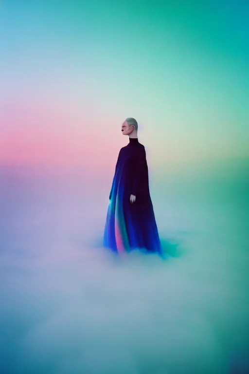 Image similar to high quality pastel coloured film close up wide angle photograph of a model wearing clothing swimming on cloud furniture in a icelandic black rock!! environment in a partially haze filled dreamstate world. three point light, rainbow. photographic production. art directed. pastel colours. volumetric clouds. pastel gradient overlay. waves glitch artefacts. extreme facial clarity. 8 k. filmic.