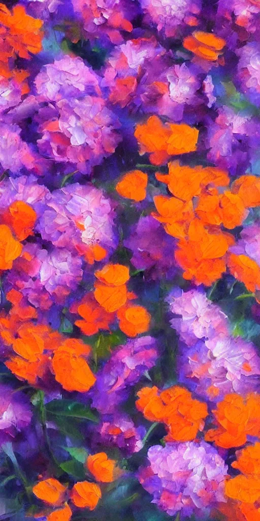 Image similar to a beautiful image of flowers, close up, detail, oil painting, orange, blue & magenta shadows, Jacob van Huysum, very detailed, trending on artstation