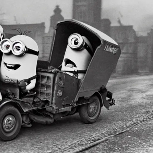 Image similar to minions from despicable me ridding a half - track motorcycle with a single front wheel, better known as the kleines kettenkraftrad hk 1 0 1, in the empty and destroyed london, circa 1 9 3 9, 4 k hd