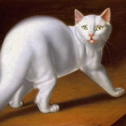 Prompt: a painting of a white cat with blue glowing eyes walking towards the viewer, in the style of leonardo da vinci.