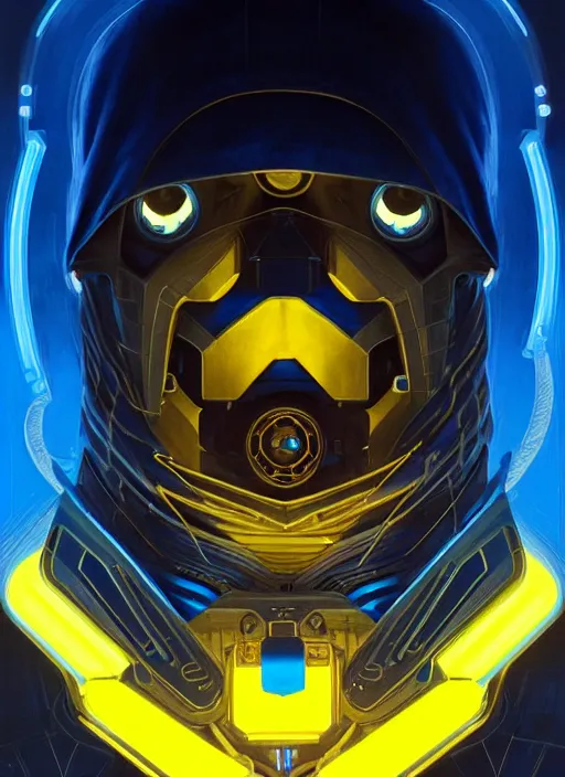 Image similar to symmetry!! portrait of man with black hood, sci - fi, tech wear, blue and yellow glowing lights!! intricate, elegant, highly detailed, digital painting, artstation, concept art, smooth, sharp focus, illustration, art by artgerm and greg rutkowski and alphonse mucha