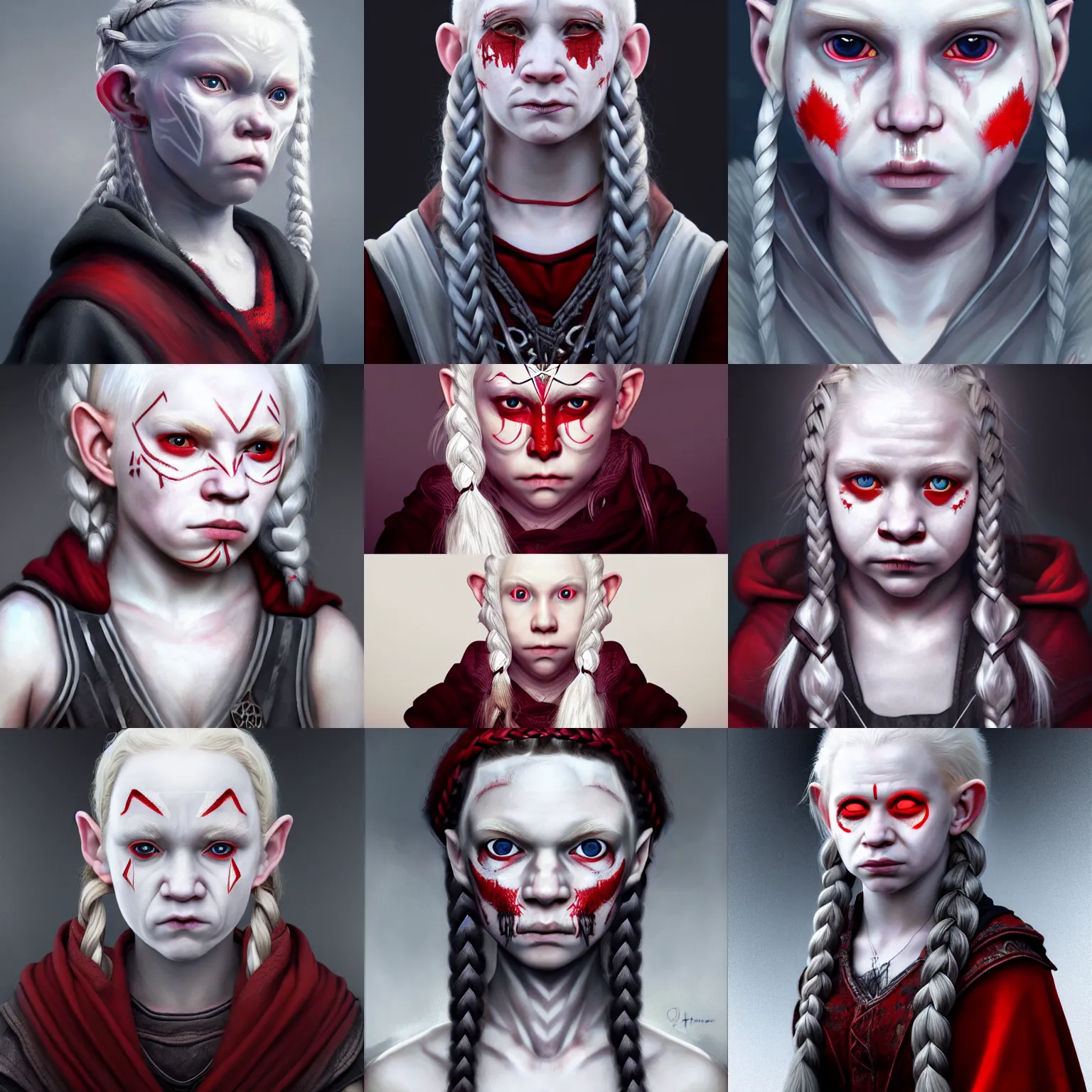 Prompt: realistic portrait of a young albino female halfling with red! - eyes - iris and white! braided hair and a grey! cloak and geometric black! facial tattoos! painted dan gerhartz, haunted and sad expression, artstation, cinematic lighting, hyper - detailed 8 k