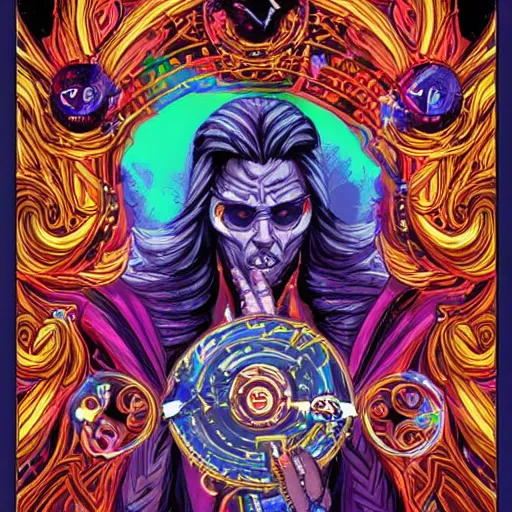 Prompt: digital tarot card painting of a powerful warlock, hyperdetailed, vivid colors, beautiful, magic spell, by Dan Mumford, trending on Artstation