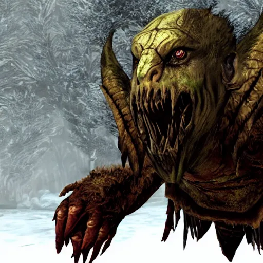 Prompt: screenshot of a horrid creature from Skyrim. It has angel wings, no eyes, and has long fingers with sharp teeth.