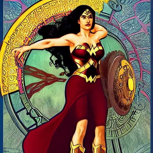 Prompt: salma hayek as wonder woman, mucha style