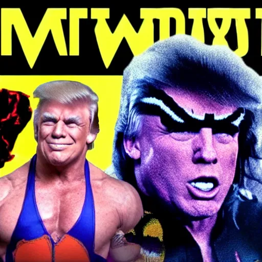 Image similar to the ultimate warrior does a suplex on donald trump, WWE, 1990s, VHS