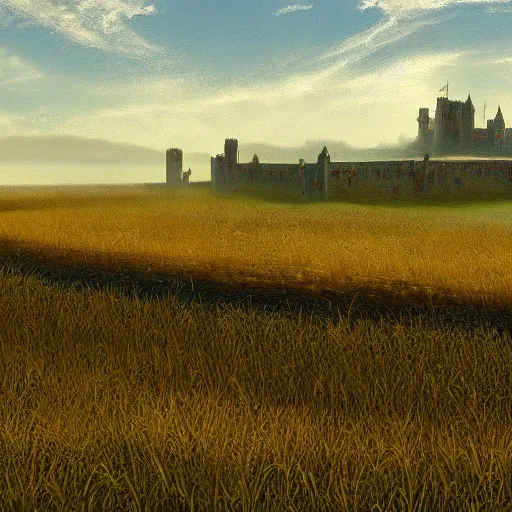 Image similar to painting of a vast field in a large medieval kingdom, dirt paths in various directions and a cattle ranch and a large castle visible in the distance, trending on artstation