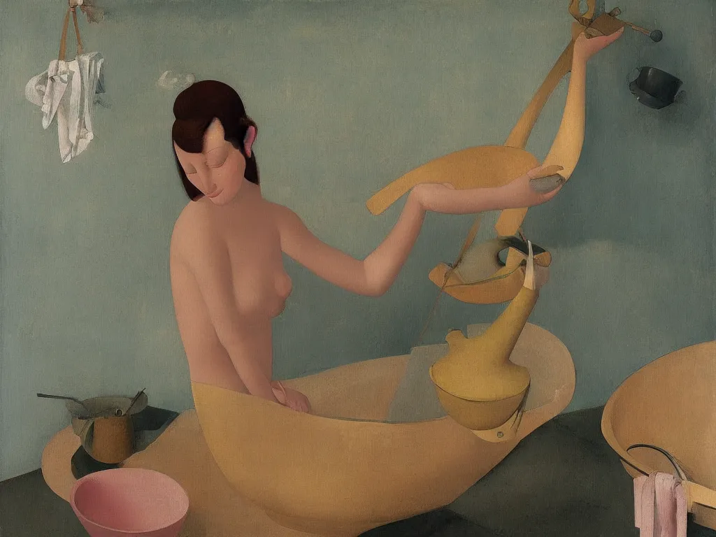 Prompt: Portrait of a blonde woman in the bathtub with amphora and crane. Painting by Balthus, Morandi, Georgia O'Keefe