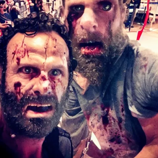 Image similar to selfie shot by a walking dead zombie with rick grimes at comic con