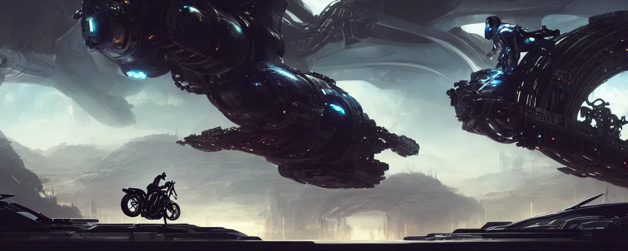 Image similar to an intricate concept art of a a man riding on a flying scifi mechanical motorcycle in a mega structure world, photorealistic movie still, sci - fi, hyper realistic, concept art, art by dylan cole, feng zhu, artgerm, greg rutkowski, cinematic lighting, octane render