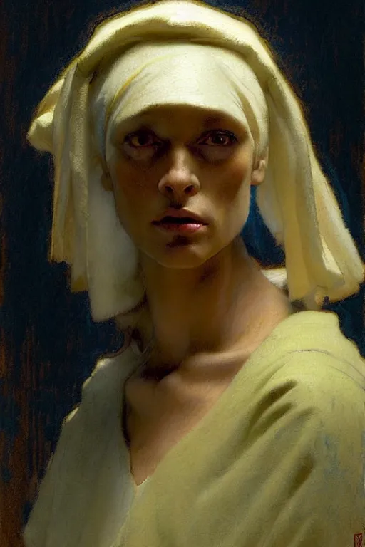 Image similar to full character portrait system shock character not the girl with the pearl earring character design, painting by gaston bussiere, katsuya terada, nc wyeth, greg rutkowski, craig mullins, vermeer, frank frazetta, mucha, tom of finland, trending on artstation, jeffery catherine jones