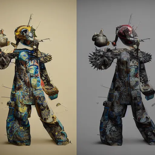 Prompt: japanese solarpunk curator in an art gallery with extremely detailed respirators and head gear, inspired by die antwoord beautiful, hand painted textures, cloth physics, deviantart, karol bak, masamune shirow, black and white, photorealistic, concept art, perfect render, 3 d render, pixar, 8 k