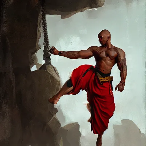 Prompt: A matte oil on canvas painting of a male martial artist monk, orchid arm tattoos by greg rutkowski and artgerm, trending on artstation, dungeons and dragons art