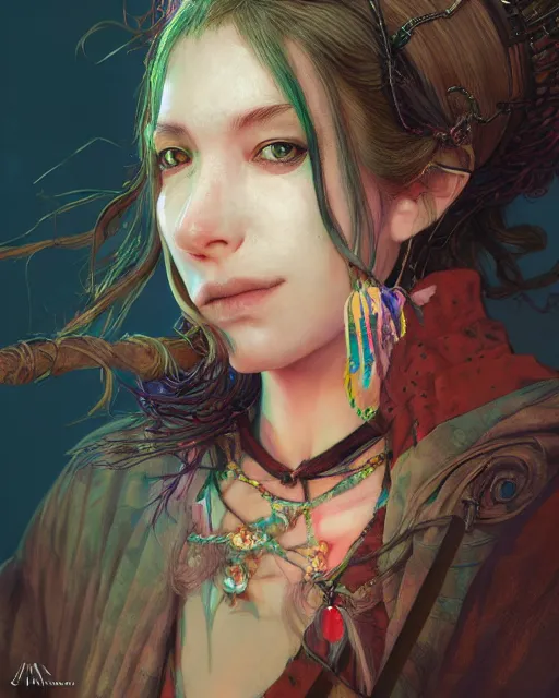 Image similar to portrait of a village witch, beautiful, fantasy, colorful, cinematic lighting, artstation, trending, highly detailed, focus, smooth, by hirohiko araki and yoshitaka amano