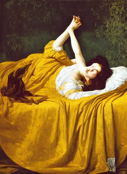 Image similar to masterpiece portrait of lady reclining on bed, rococo flowing cloth in wind raising twisting rising sheets floating in wind flying, wearing yellow ochre ornate medieval dress, vertical, foreshortening, colour photography by frederic leighton, william morris, 8 k