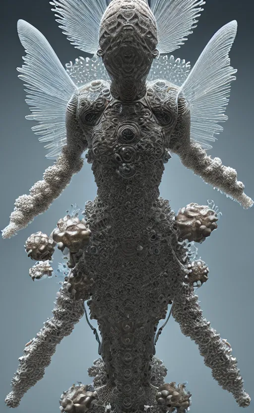 Prompt: intricate armored angel, eagle coral, jelly fish, mandelbulb 3 d, fractal flame, octane render, cyborg, biomechanical, futuristic, by ernst haeckel