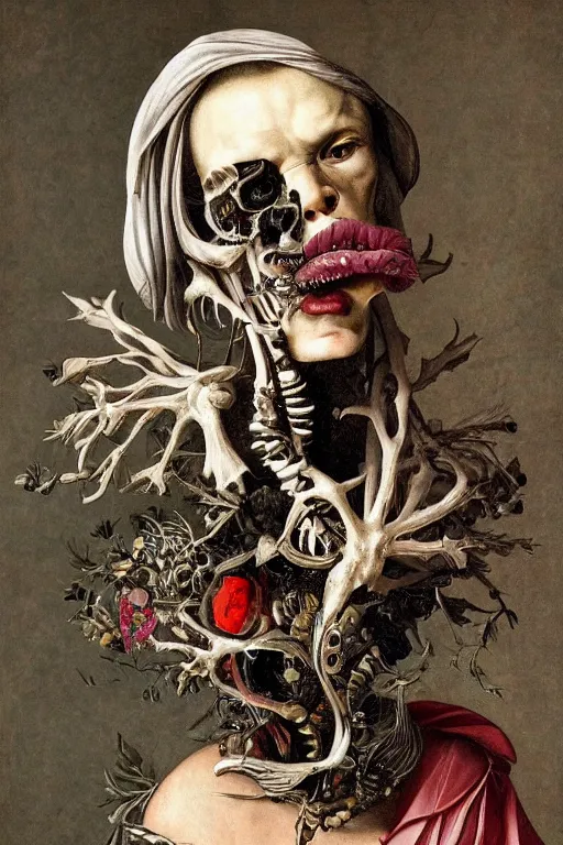 Image similar to Detailed maximalist portrait with large lips and with large white eyes, exasperated expression, botany bones, HD mixed media, 3D collage, highly detailed and intricate, surreal illustration in the style of Caravaggio, dark art, baroque