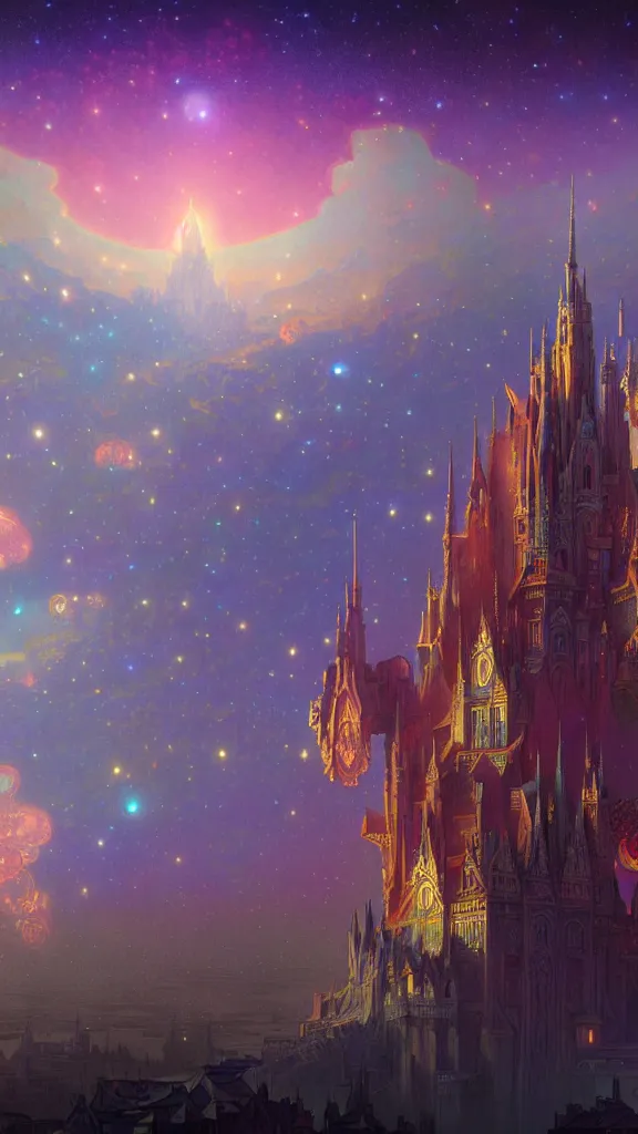 Image similar to a beautiful highly detailed matte painting of colorful castle nebulas by moebius, alphonse mucha, stars in the background, highly detailed, intricate design, cinematic view, 8 k resolution, octane render, trending on artstation and cgsociety