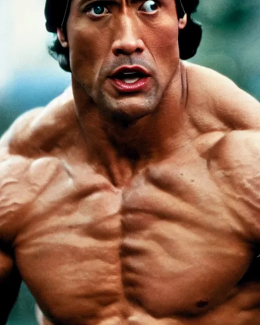 Image similar to Film still close-up shot of Dwayne Johnson as Rocky Balboa from the movie Rocky. Photographic, photography