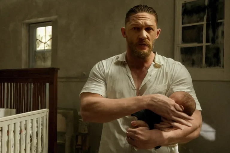 Image similar to film still of Tom Hardy as Max Payne in a dark dream next to a baby crib in the Max Payne movie, 4k