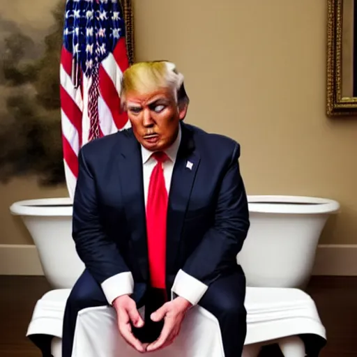 Image similar to donald trump sitting on a toilet with his pants down, he is looking at a newspaper.