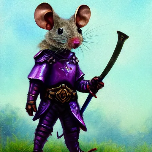 Image similar to armored mouse warrior holding a sword reaches for a purple crystal, trending on Artstation, Oil Painting, 8k, UHD