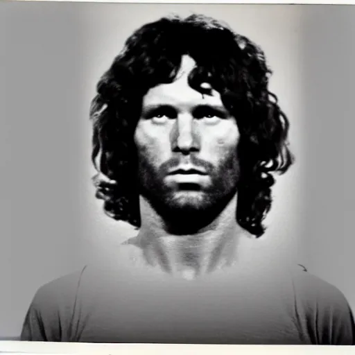 Prompt: Mugshot Portrait of Jim Morrison, taken in the 1970s, photo taken on a 1970s polaroid camera, grainy, real life, hyperrealistic, ultra realistic, realistic, highly detailed, epic, HD quality, 8k resolution, body and headshot, film still, front facing, front view, headshot and bodyshot, detailed face, very detailed face